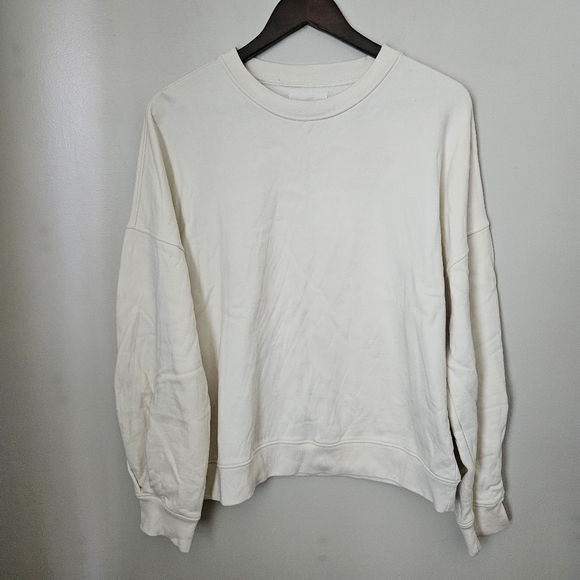 Caes Sweatshirt Ivory Cream White Crewneck Neutral Casual Organic Cotton Pleated - Picture 1 of 12
